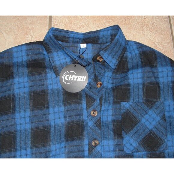 NEW NWT Blue & Black Sz Medium Casual Wear Roomy Flannel Button Up Shirt CHYRII - Picture 2 of 2